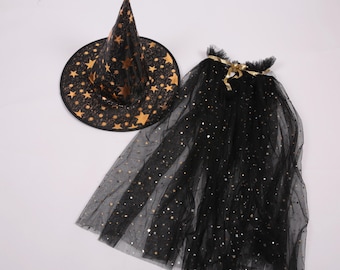 Halloween cloak and hat with sparkling golden stars, for witches and wizards.