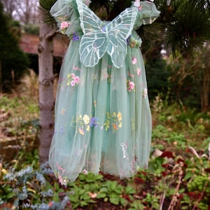 Licht saliegroene jurk van geborduurde tule voor meisjes met vleugels. Mooie groene tule jurk. Bruidsmeisjesjurk, bloemenmeisjesjurk, feestjurk.