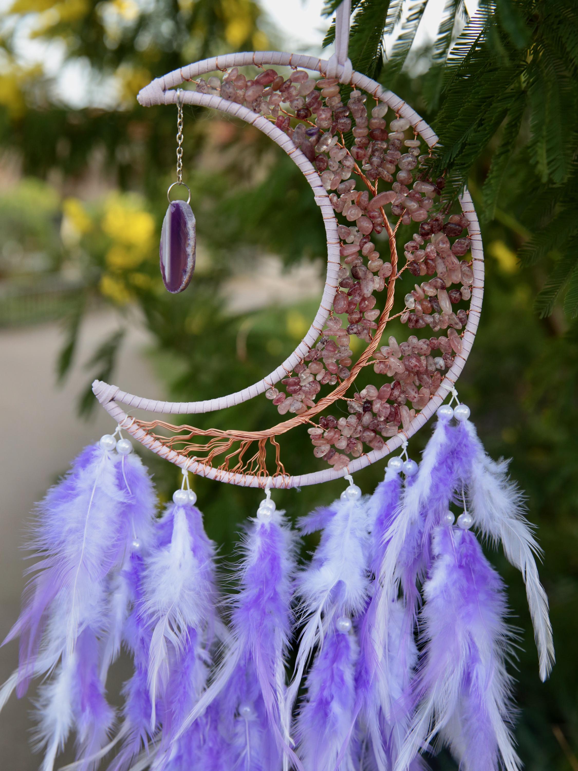 Dreamcatcher. Mystical Crescent Moon Amethyst Crystal, Enchanting