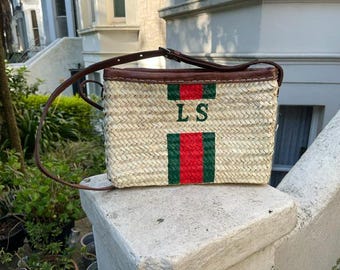 Lovely clutch basket with leather handles and zip closure, French market basket, Moroccan basket. Personalised clutch bag