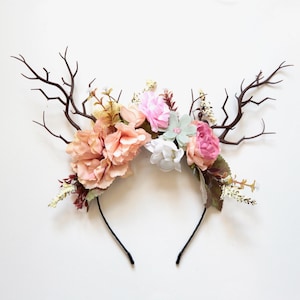 Custom elven floral tiara, deer antlers on a hair band,  we choose the basic colour scheme and you can tell us what colours you would like us to add.