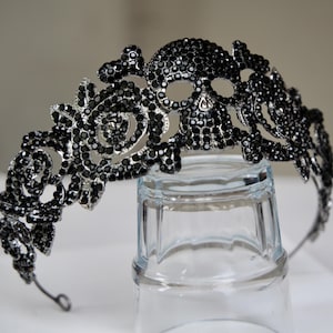 Unique Goth Black Skull and Bones and Rosette Crown adorned with Black Crystals. Pagan crown, Goth crown, Halloween costume,  Cosplay