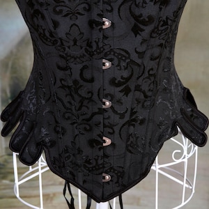 Black Jacquard Over-bust Medieval Corset with lace-up back and front clasps, perfect for Renaissance Festivals, or Steampunk Cosplay.
