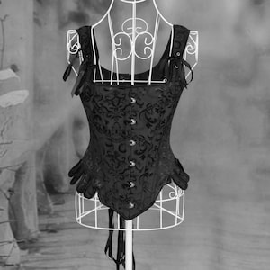 Black Jacquard Over-bust Medieval Corset with lace-up back and front clasps, perfect for Renaissance Festivals, or Steampunk Cosplay.