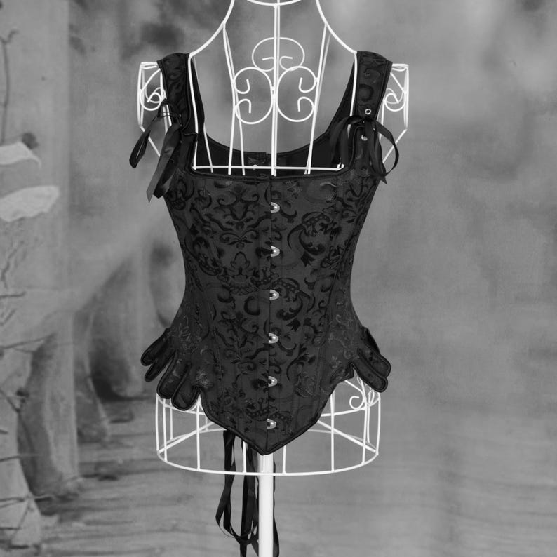 Black Jacquard Over-bust Medieval Corset with lace-up back and front clasps, perfect for Renaissance Festivals, or Steampunk Cosplay.