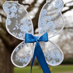 Blue Fairy Wings. Handcrafted Baby Blue embroidered butterfly wings for children with an optional free satin bow. Flower girls, fairy party