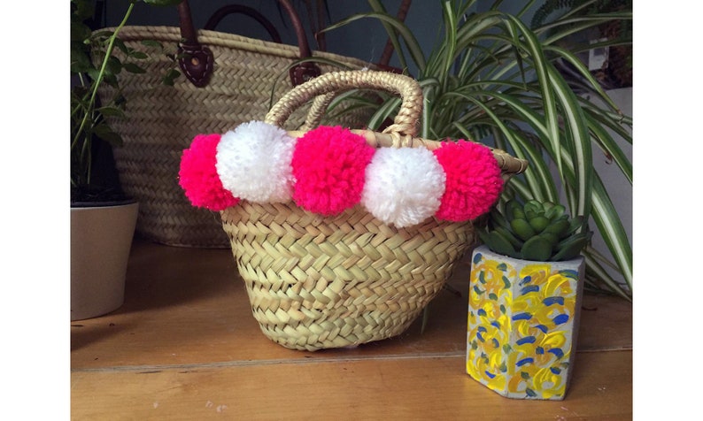 tote bag with Pompoms and Pink Leather Handles Large Straw basket