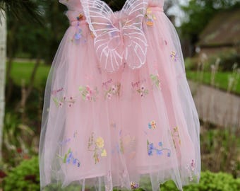 Fairy wings dress. Beautiful pink tulle dress with butterfly wings, party dress, bridesmaid dress, flower girl dress. Cake smash outfit