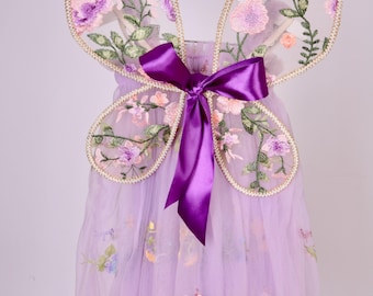 Girls Flower Embroidered Dress. Pretty Purple Tulle Dress with optional Embroidered Wings for Girls, toddlers and babies. Wild Daisy