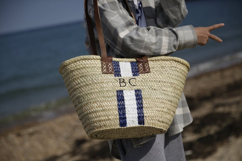 Lovely double handle straw french market basket, personalised vintage bag 