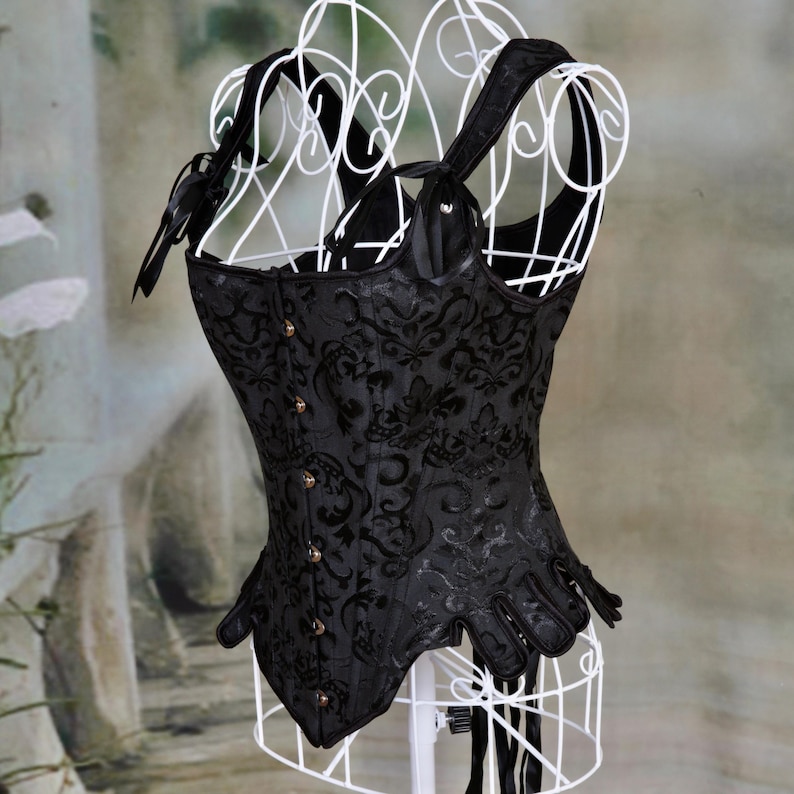 Black Jacquard Over-bust Medieval Corset with lace-up back and front clasps, perfect for Renaissance Festivals, or Steampunk Cosplay.