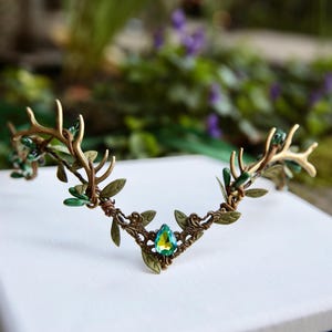 Deer antler crown, green crystal hairband, forest theme, elven circlet, druids crown, witch crown, celestial tiara, fairy head dress