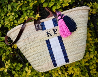 Moroccan straw baskets, straw tote, shopping basket, beach bag, French market baskets, free  personalised Heishi bracelet