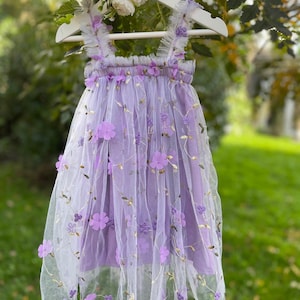 Girls Purple Dress with Flower Petals, Soft Tulle Lining & Optional Embroidered Fairy Wings