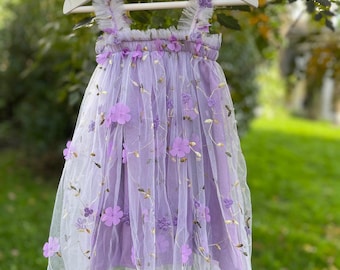 Purple flower embroidered girls&#39; dress. Purple Tulle Dress, embroidered flowers, party dress, bridesmaid dress, flower girl dress.