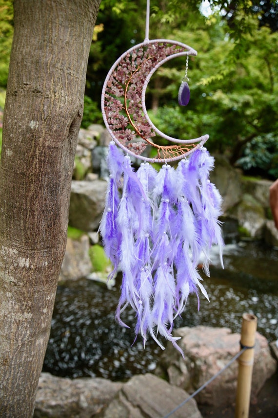 Dreamcatcher. Mystical Crescent Moon Amethyst Crystal, Enchanting