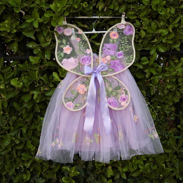 Girls Flower Embroidered Purple Dress. Optional Embroidered purple fairy wings, first photo shoot, fairy party,