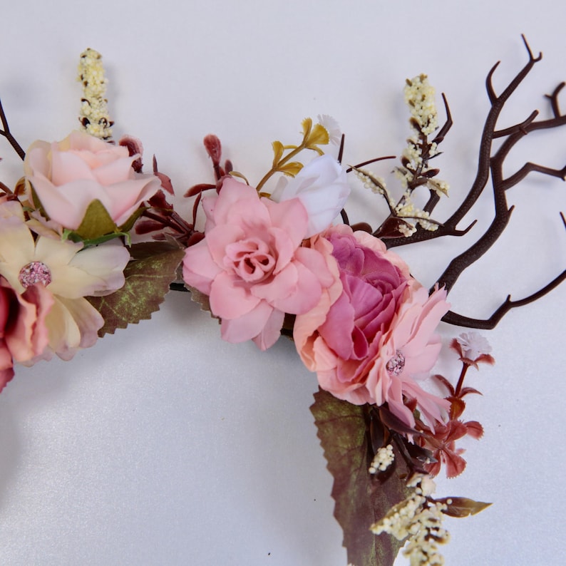 Custom elven floral tiara, deer antlers on a hair band,  we choose the basic colour scheme and you can tell us what colours you would like us to add.