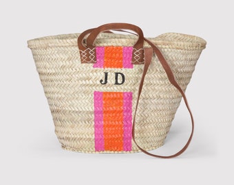 Personalized straw basket, Beautiful hand woven french market basket, with your monogram painted onto the bag