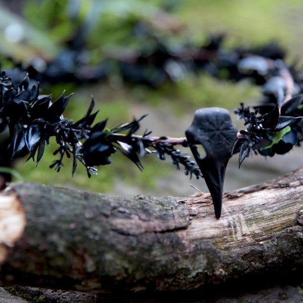 Coroa Élfica com Crânio de Corvo Negro, tiara élfica, coroa de fada negra, tiara com crânio de corvo, diadema élfica, crânio viking, Festival do Fogo de Beltane