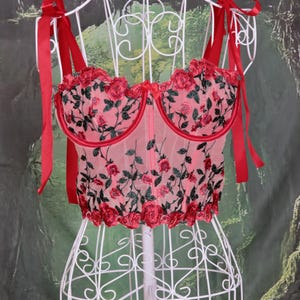 May include: A red and pink floral embroidered corset top with red ribbon straps. The corset is on a white wire mannequin.