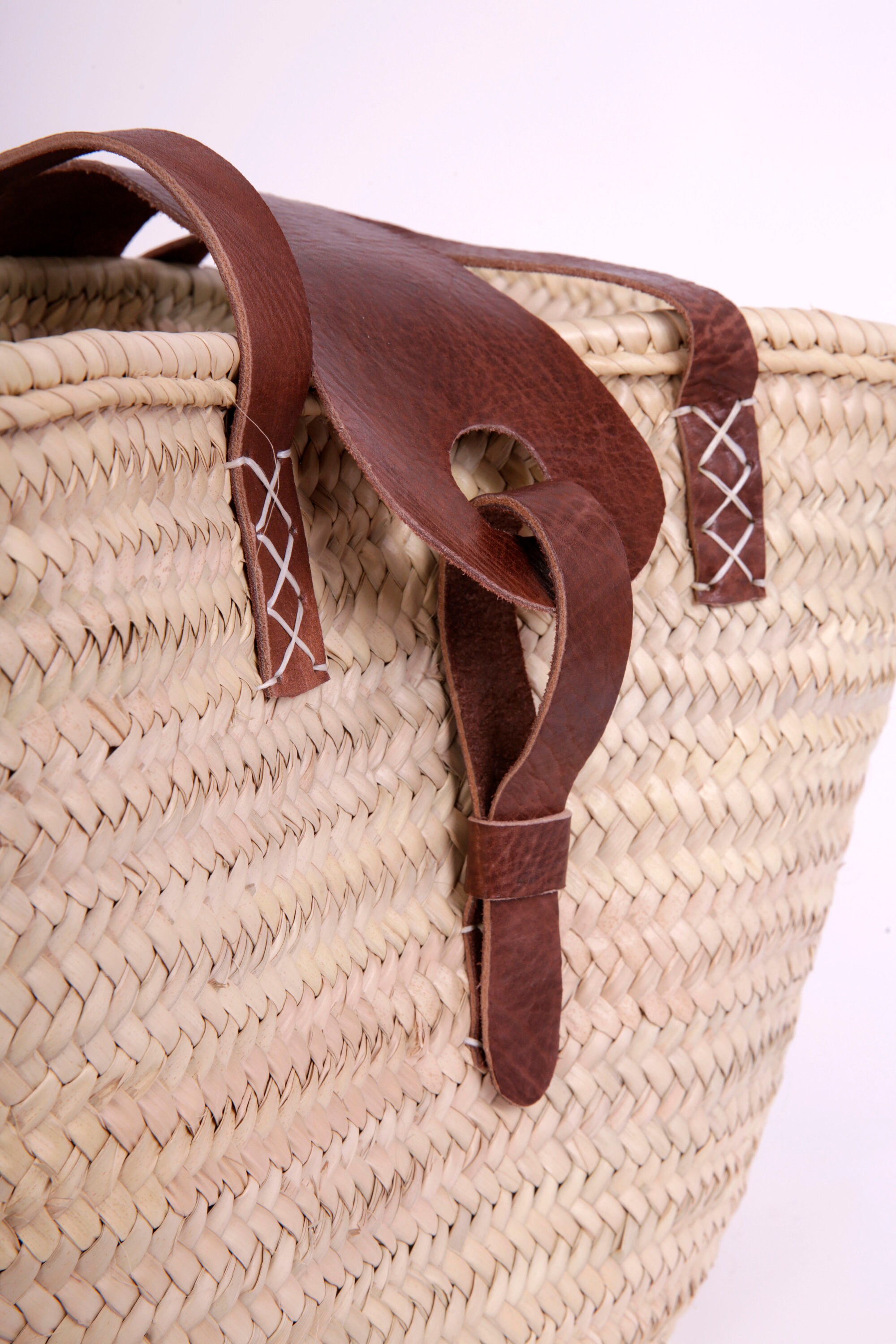 Beautiful large straw basket with long leather straps and a Etsy