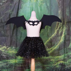 May include: A black bat costume set featuring a pair of large, pointed bat wings, a matching bat-shaped eye mask, and a black tulle tutu skirt adorned with small, shimmering silver star and moon patterns throughout the layered fabric.