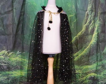 Black Wizard Cloak Costume, Boys and Girls,  Halloween costume, witches cloak, sparkly magic cape, halloween party.