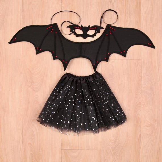 Halloween Dark Fairy Costume, Children, Black Wings, Black Stars and Moon Tutu, Mask, Halloween costume