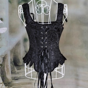 Black Jacquard Over-bust Medieval Corset with lace-up back and front clasps, perfect for Renaissance Festivals, or Steampunk Cosplay.