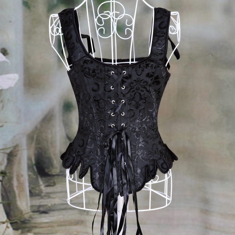 Black Jacquard Over-bust Medieval Corset with lace-up back and front clasps, perfect for Renaissance Festivals, or Steampunk Cosplay.