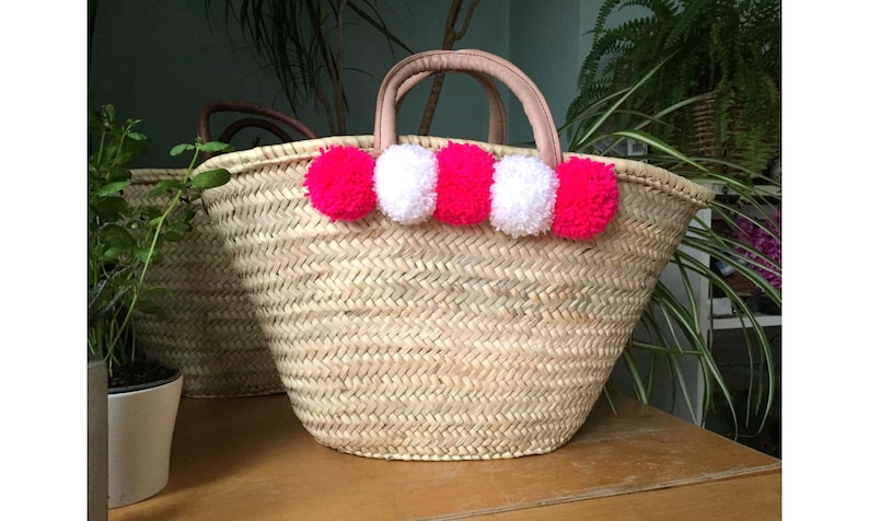 tote bag with Pompoms and Pink Leather Handles Large Straw basket