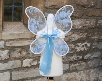Blue Fairy Wings. Handcrafted Baby Blue embroidered butterfly wings for children with an optional free satin bow. Flower girls, fairy party