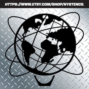 May include: Black and white silhouette of a globe with a stand, surrounded by three circles. The globe is on a silver background with a diamond pattern.