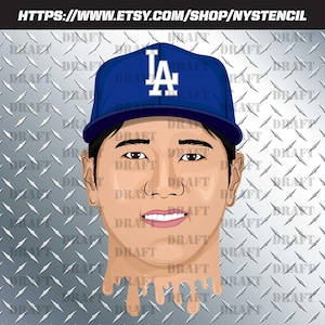 May include: Digital illustration of a person wearing a blue baseball cap with the letters "LA" in white. The person has brown eyes and a smiling expression. The background is a diamond plate pattern. Text at the top reads "HTTPS://WWW.ETSY.COM/SHOP/NYSTENCIL".