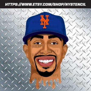 May include: A cartoon illustration of a smiling man wearing a blue baseball cap with an orange NY logo. The man has a beard and mustache, with a brown liquid dripping from his chin. The background is a silver diamond plate pattern. Text at the top reads: HTTPS://WWW.ETSY.COM/SHOP/NYSTENCIL