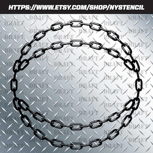 May include: Black chain stencil design on a silver diamond plate background. The chain is arranged in a circular pattern. The Etsy shop URL is visible at the top of the image.