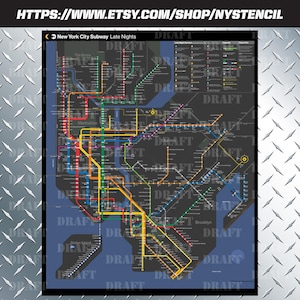May include: A New York City Subway map titled Late Nights featuring a dark gray background with multicolored transit lines representing various routes, station markers, and text labels for boroughs including Manhattan, Brooklyn, and Queens.
