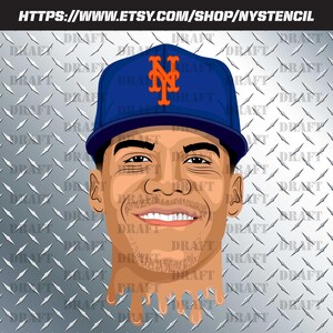 May include: A digital illustration of a smiling person wearing a blue baseball cap with an orange logo. The person's face has a stylized design with dripping paint effect. The background is a diamond plate pattern. Text at the top reads: HTTPS://WWW.ETSY.COM/SHOP/NYSTENCIL