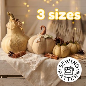 May include: A collection of beige fabric pumpkins in various sizes, with decorative stems and embellishments. Cinnamon sticks and pinecones are arranged around the pumpkins. The image includes the text "3 sizes" and a sewing pattern logo.
