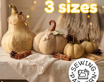May include: A collection of beige fabric pumpkins in various sizes, with decorative stems and embellishments. Cinnamon sticks and pinecones are arranged around the pumpkins. The image includes the text "3 sizes" and a sewing pattern logo.