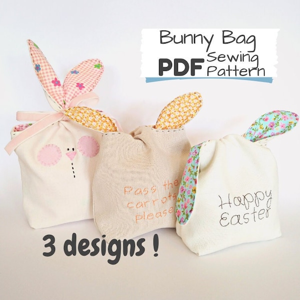 Bunny Ears Bag PDF Pattern 3 design choices, Reversible Easter Favours Pouch, Easy to Make Spring Sewing Project