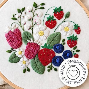 Berry Patch, un motivo per ricamo a mano con fragole, lamponi e mirtilli - 3 modelli di diverse dimensioni