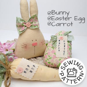 Easter SET Of 3 Handmade Ornaments Pdf Pattern - Primitive Bunny - Easter Egg - Fabric Carrot, Spring Tiered Tray Decor Set PDF