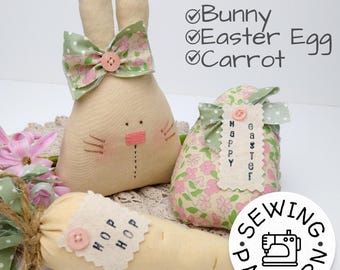 Easter Ornaments SET of 3: Bunny, Egg, Carrot - Sewing PDF Pattern