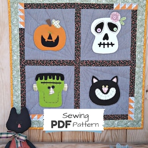 Peut inclure: Un patron de couture pour une courtepointe d'Halloween avec une citrouille, un crâne, Frankenstein et un chat noir. Le patron s'appelle "Sewing PDF Pattern".
