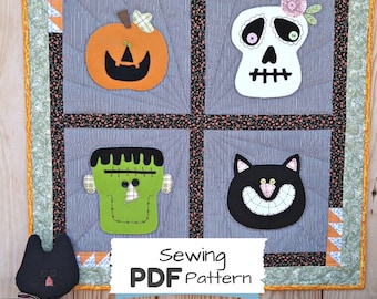 Halloween Portraits PDF Quilt Pattern - Halloween Creatures Quilt Blocks Pattern - Patchwork Wall Hanging PDF with instructions