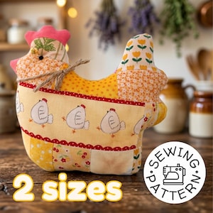 May include: A patchwork chicken-shaped sewing pattern with a pink comb and yellow body. The chicken has a yellow and red patterned design with a row of white chickens. The text "2 sizes" is at the bottom.