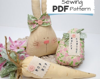 Easter SET Of 3 Handmade Ornaments Pdf Pattern - Primitive Bunny - Easter Egg - Fabric Carrot, Spring Tiered Tray Decor Set PDF