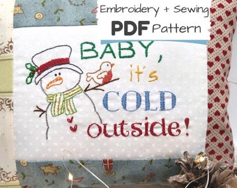 Snowman Embroidery Design -Digital Hand Embroidery and Sewing Pattern Christmas Mini Pillow
